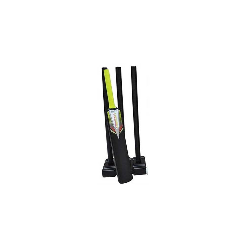 The Readers Wind Ball Cricket Stump Set by Readers features three black stumps and a lightweight black bat with yellow detailing, all displayed against a white background.
