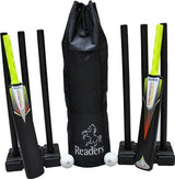 The Readers Wind Ball Cricket Set includes three black plastic bats, three sets of black stumps, two white balls, and a stylish Readers bag—perfect for kids’ cricket fun and practice.