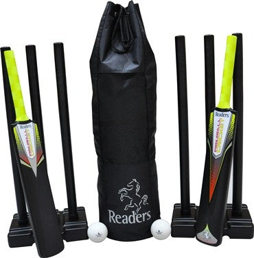 The Readers Wind Ball Cricket Set includes three black plastic bats, three sets of black stumps, two white balls, and a stylish Readers bag—perfect for kids’ cricket fun and practice.