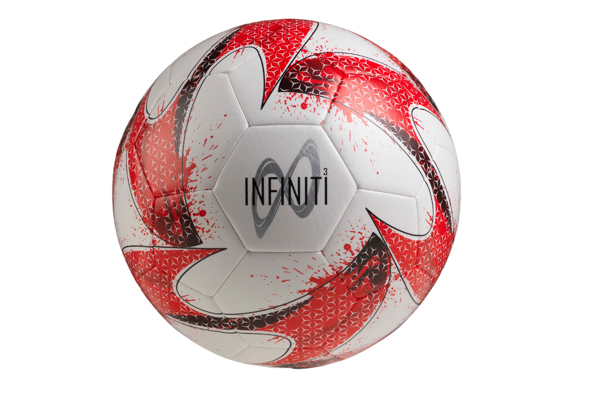 The Samba Sports Infiniti Training Ball 2023 features red and black geometric patterns on a white base, with "INFINITI" printed in black on one of its 32 panels.