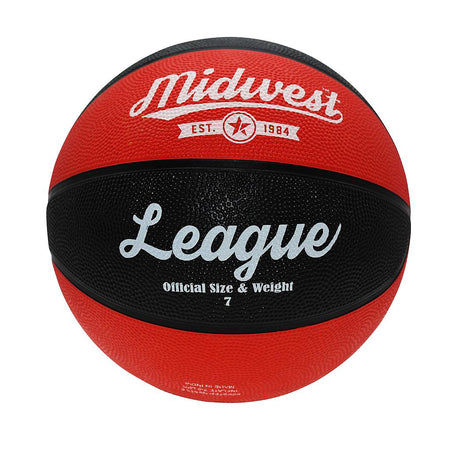 The Midwest League Basketball (Black/Red) by Midwest features white "Midwest Est. 1984" text and "League Official Size & Weight 7" on the panel; perfect for indoor or outdoor play.