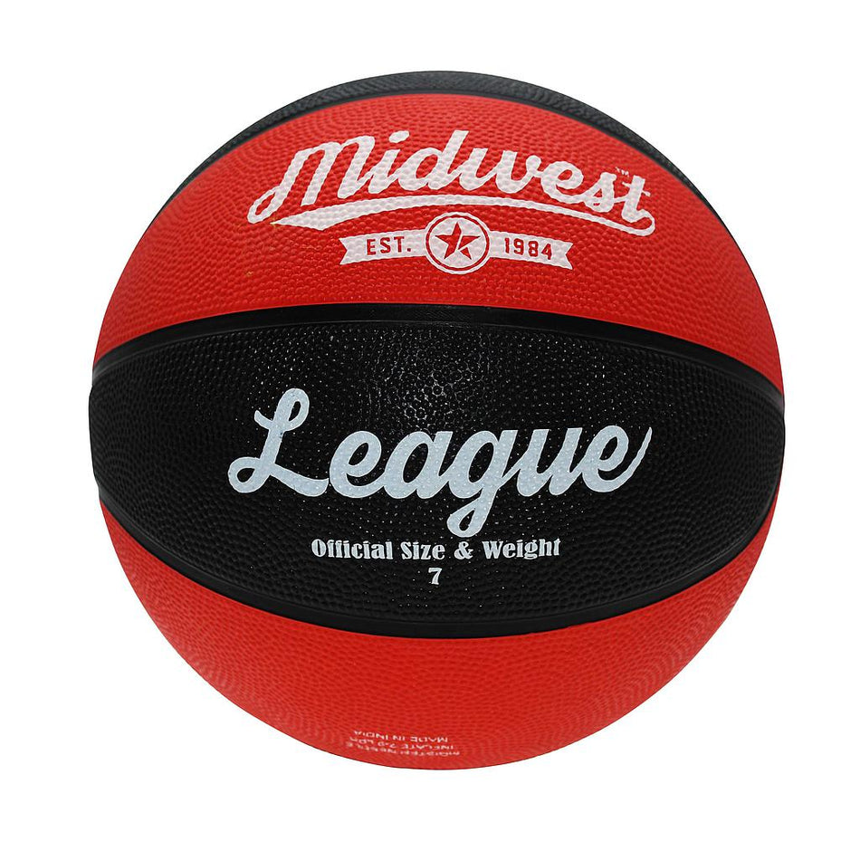 The Midwest League Basketball (Black/Red) by Midwest features white "Midwest Est. 1984" text and "League Official Size & Weight 7" on the panel; perfect for indoor or outdoor play.