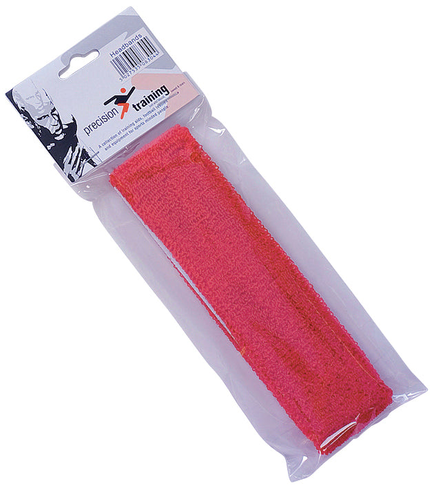 The Precision Headbands by Precision Training are red cotton headbands, packaged in clear plastic bags with labeled cardboard headers—ideal for precision training and sports.