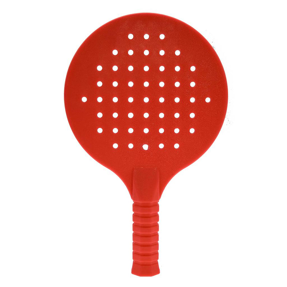 The Reydon Sports Primary Skills Racket is a red plastic racket with a round, perforated head and ridged short handle, perfect for developing racket skills. Shown against a white background.