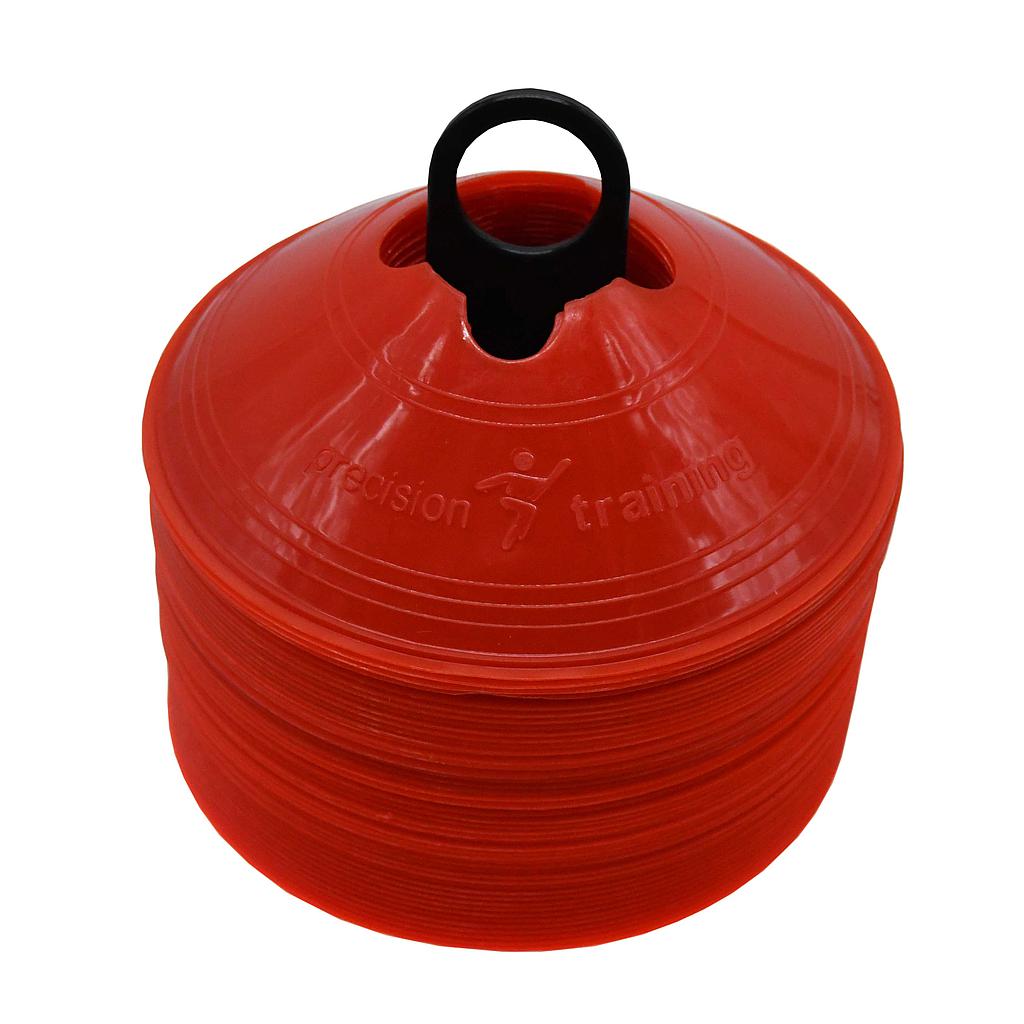 The Precision Training Saucer Cones - Set of 50 features red cones stacked with a black handle, ideal for marking boundaries or drills in athletic practice. The top cone displays embossed text and a figure icon.