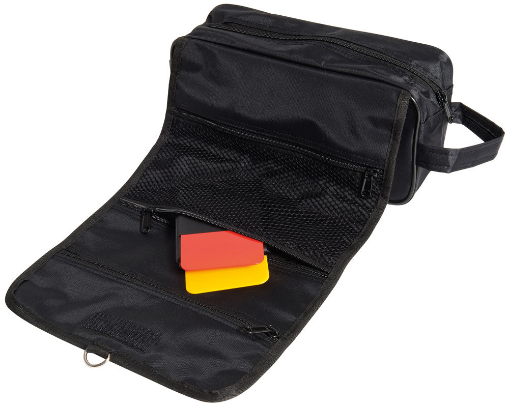 The Precision Training Precision Pro Referees Bag is a black sports roll-out bag with side handle, open flap, and mesh zip pockets holding red and yellow cards—an essential match day accessory.