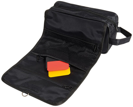 The Precision Training Precision Pro Referees Bag is a black sports roll-out bag with side handle, open flap, and mesh zip pockets holding red and yellow cards—an essential match day accessory.