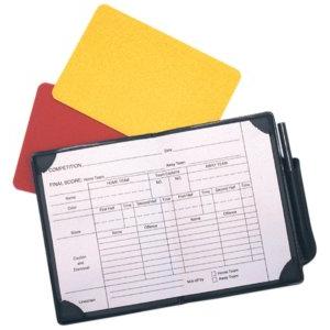 The Precision Training Referees Note Book by Precision Training includes a match record card, yellow and red cards, and a pen—all organized in a sleek black holder for referees.