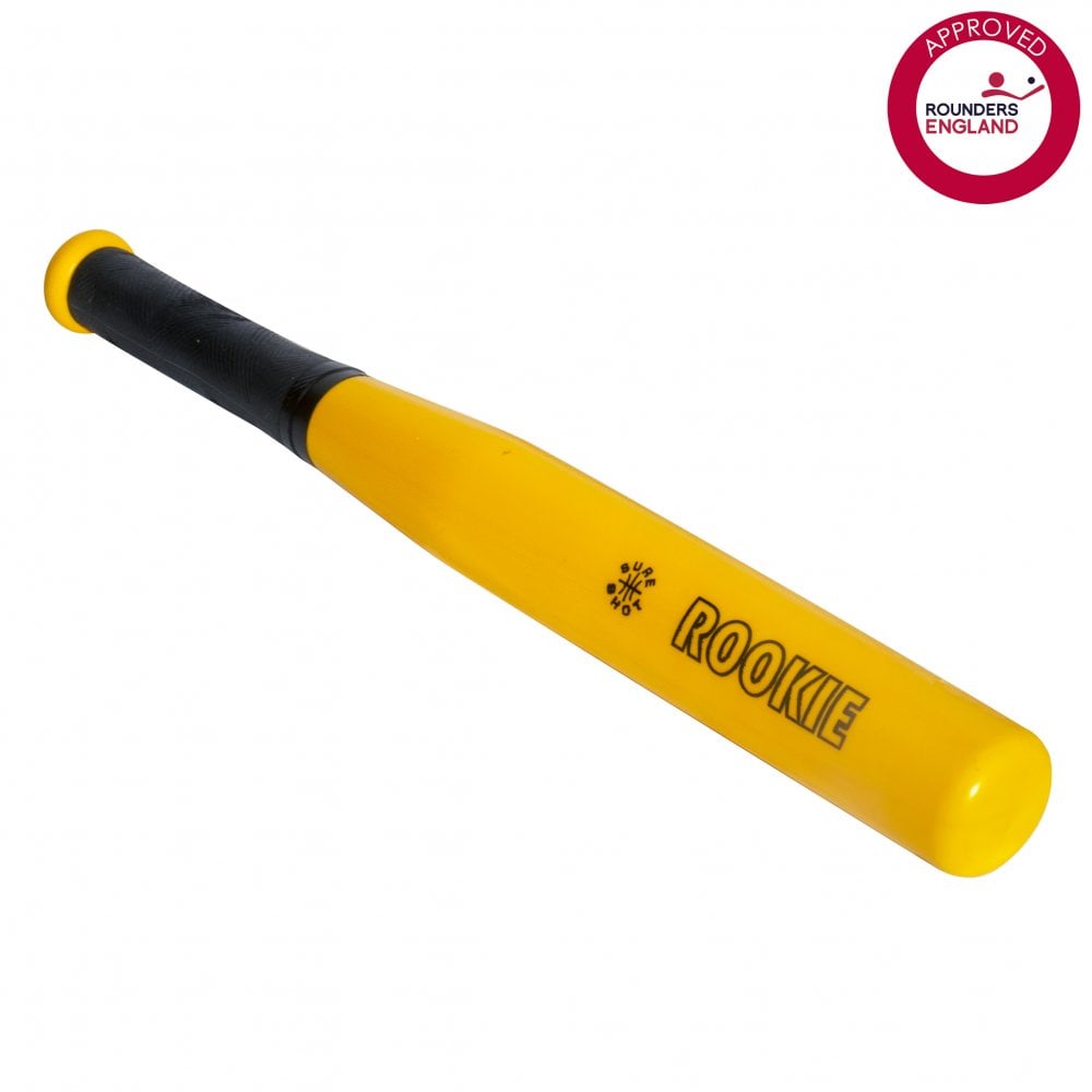 The Sure Shot Rookie Rounder Bat by Sure Shot is a yellow and black bat with a black grip and "ROOKIE" on the side. Lightweight and durable, it features a red and white Approved Rounders England logo in the top right corner.