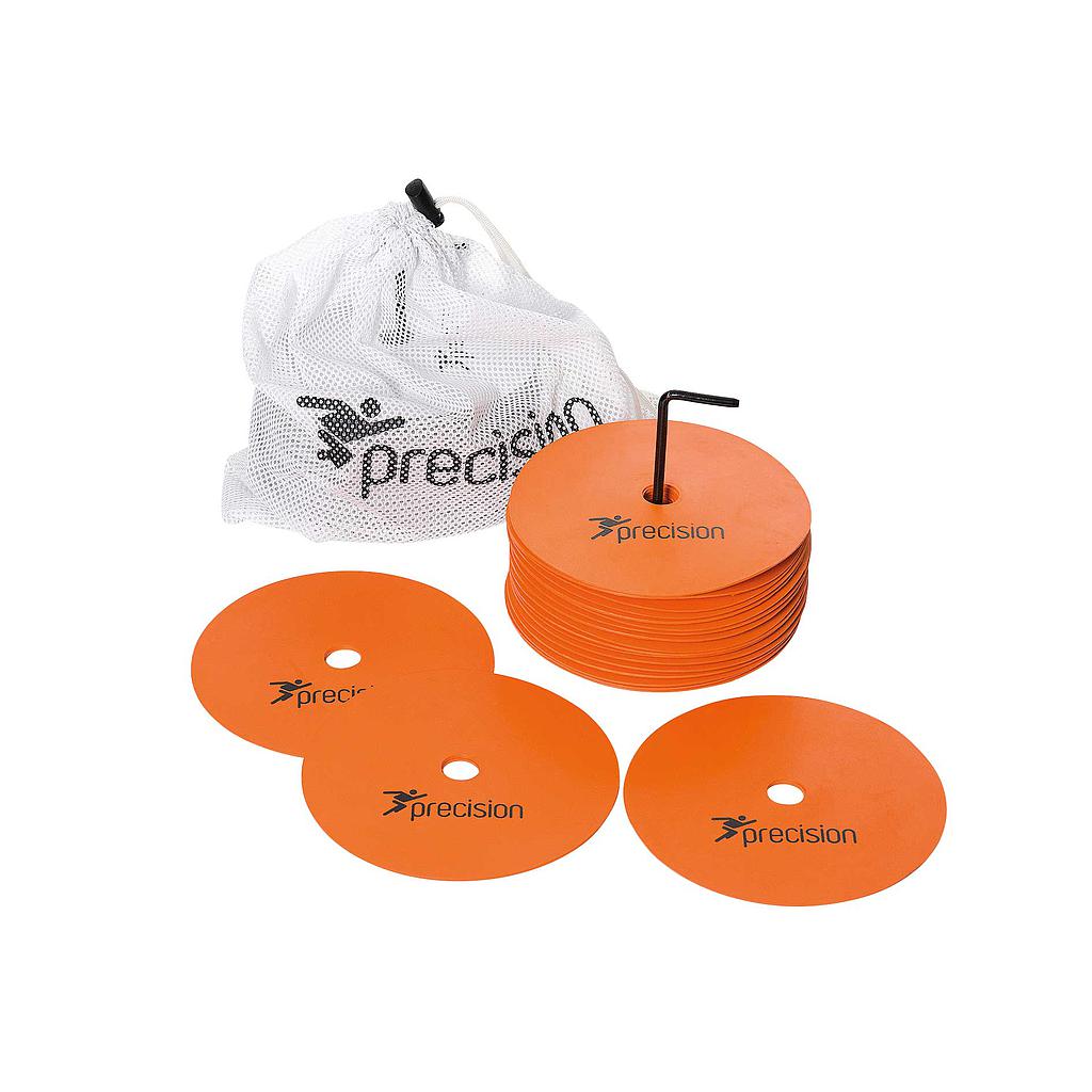 Set of 20 Precision Round Rubber Marker Discs by Precision Training in orange, includes a metal holder and a white mesh carry bag labeled "Precision" in black.