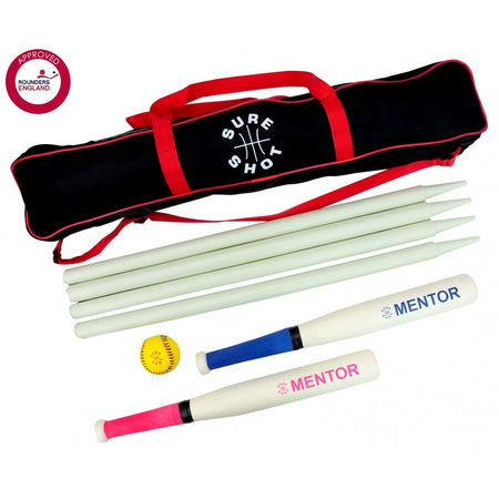 The Sure Shot Home Rounders Set by Sure Shot is approved by Rounders England and includes four white stumps, two Mentor bats (one with a pink handle, one blue), a yellow ball, and a black bag with red handles.