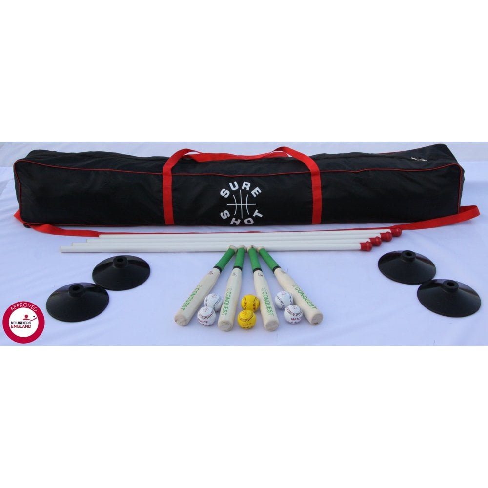 The Sure Shot Match Rounders Pack by Sure Shot includes a black/red bag, 4 white poles, 4 black bases, 4 bats with green handles, 2 white balls, 1 yellow ball and marker cones—perfect for competitive rounders. Rounders England approved.