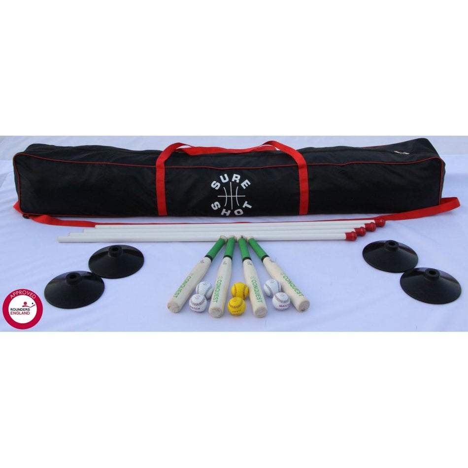 The Sure Shot Match Rounders Pack by Sure Shot includes a black/red bag, 4 white poles, 4 black bases, 4 bats with green handles, 2 white balls, 1 yellow ball and marker cones—perfect for competitive rounders. Rounders England approved.