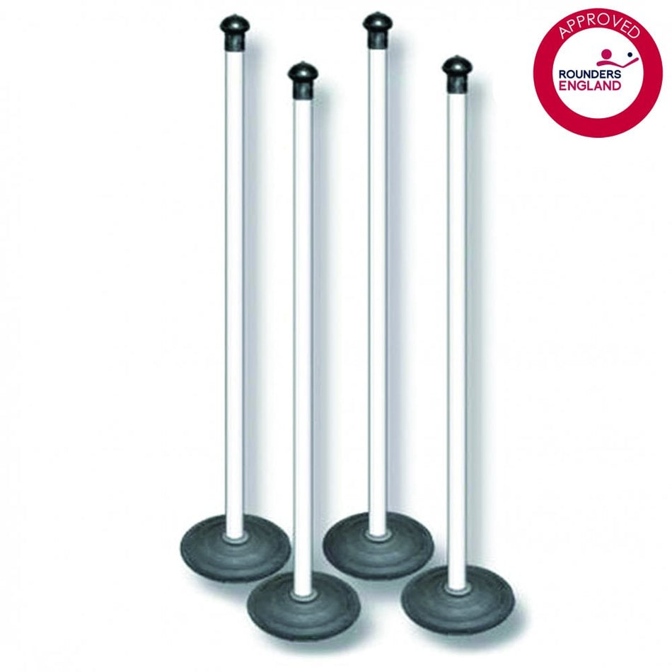 Sure Shot PVC Rounders Posts - Set of 4: Four white posts with heavy-duty black rubber bases and caps, standing upright on a white background. A red “Approved Rounders England” logo appears in the top right corner. Brand: Sure Shot.