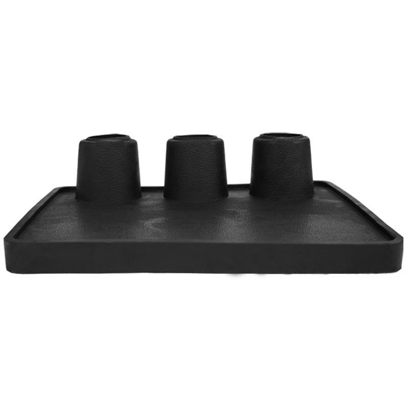 The Martin Berrill Sports Heavy Duty Rubber Flexi Stump Base (Black) is a rectangular tray with three evenly spaced cylindrical holders for securely holding plastic cricket stumps.
