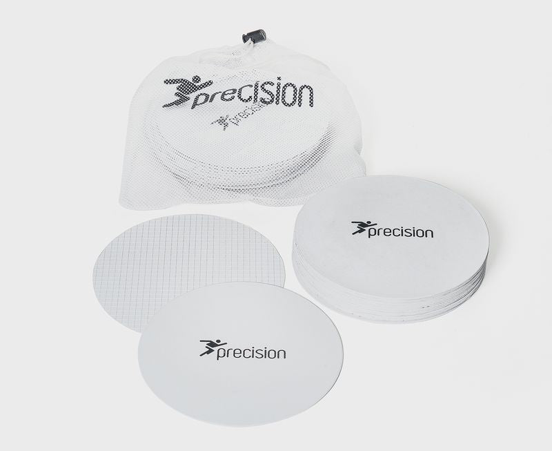 The Precision Training Round Rubber Marker Discs (Set of 20) are white, circular, and non-slip, each featuring the Precision logo. They come with a white mesh carry bag labeled "Precision.