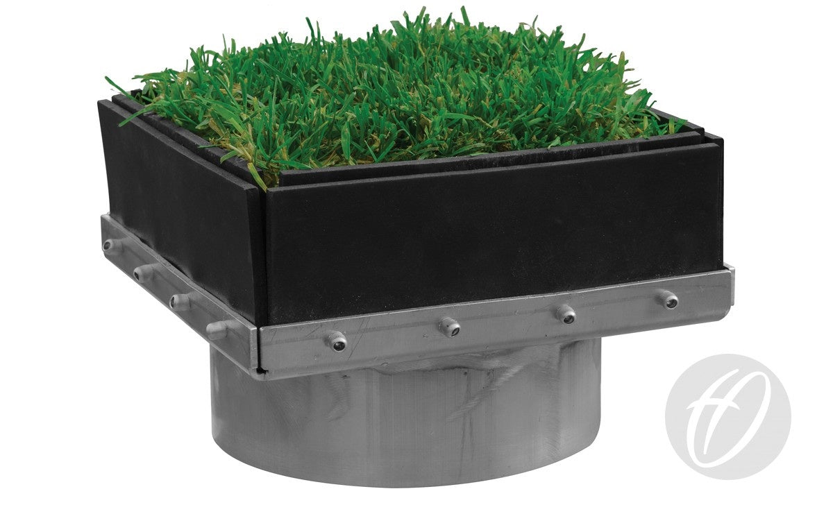 The Harrod Sport Millennium Rugby Drop In Turf Tray is a metal ventilation unit with a square top, artificial green grass, and a black frame.