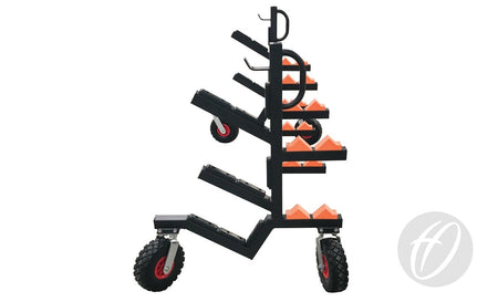 The Harrod Sport Rugby Storage Trolley is a black, wheeled cart with angled shelves for holding orange cones. It features a sturdy metal frame and large rugged tires, making it ideal for transporting traffic cones with ease and durability.