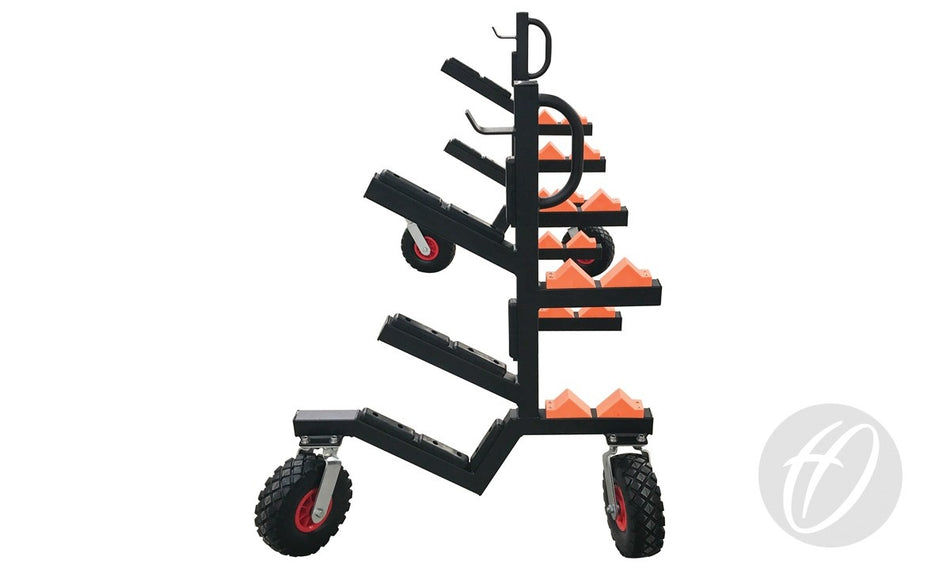 The Harrod Sport Rugby Storage Trolley is a black, wheeled cart with angled shelves for holding orange cones. It features a sturdy metal frame and large rugged tires, making it ideal for transporting traffic cones with ease and durability.