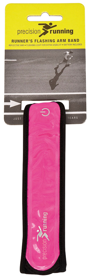 The Precision Training Precision Running Flashing Band is a pink arm band with a reflective bar, power button, branding on the band and yellow-black packaging, designed for runner safety and increased visibility.