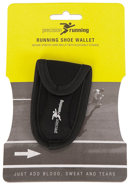 A black Precision Training Precision Running Shoe Wallet is attached to yellow and gray packaging with a runner and track graphic. The text includes: "precision running," "RUNNING SHOE WALLET," and "JUST ADD BLOOD, SWEAT AND TEARS.