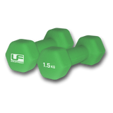 A pair of Urban Fitness Hex Dumbbells - Neoprene Covered (1.5 KG each), with the Urban Fitness logo, in green, ideal for versatile home workouts, shown on a white background.