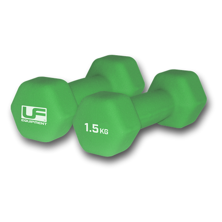 A pair of Urban Fitness Hex Dumbbells - Neoprene Covered (1.5 KG each), with the Urban Fitness logo, in green, ideal for versatile home workouts, shown on a white background.
