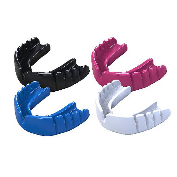 A SafeGard Snap Fit Mouthguard in black, an entry-level sports mouthguard with a ridged exterior and open, curved shape, is displayed on a white background.