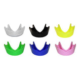 Six Safegard Essential Mouthguards by SafeGard in white, black, yellow, green, blue, and pink are arranged in two rows. Each boil-and-bite mouthguard fits over the upper teeth for contact sports protection.