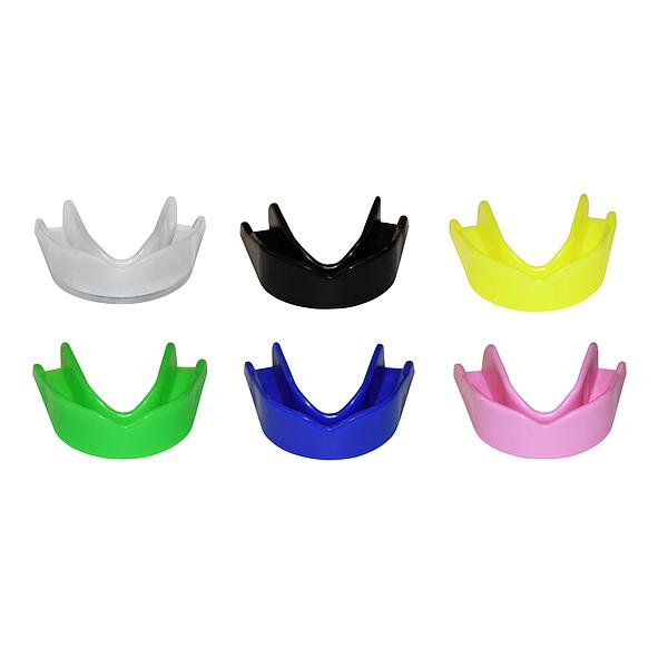 Six Safegard Essential Mouthguards by SafeGard in white, black, yellow, green, blue, and pink are arranged in two rows. Each boil-and-bite mouthguard fits over the upper teeth for contact sports protection.