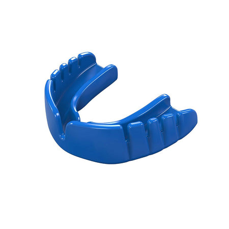 The SafeGard Snap Fit Mouthguard by SafeGard is a blue sports mouthguard with grooves, made to fit over the upper teeth. Shown on a white background, it’s ideal as an entry-level option for new athletes.