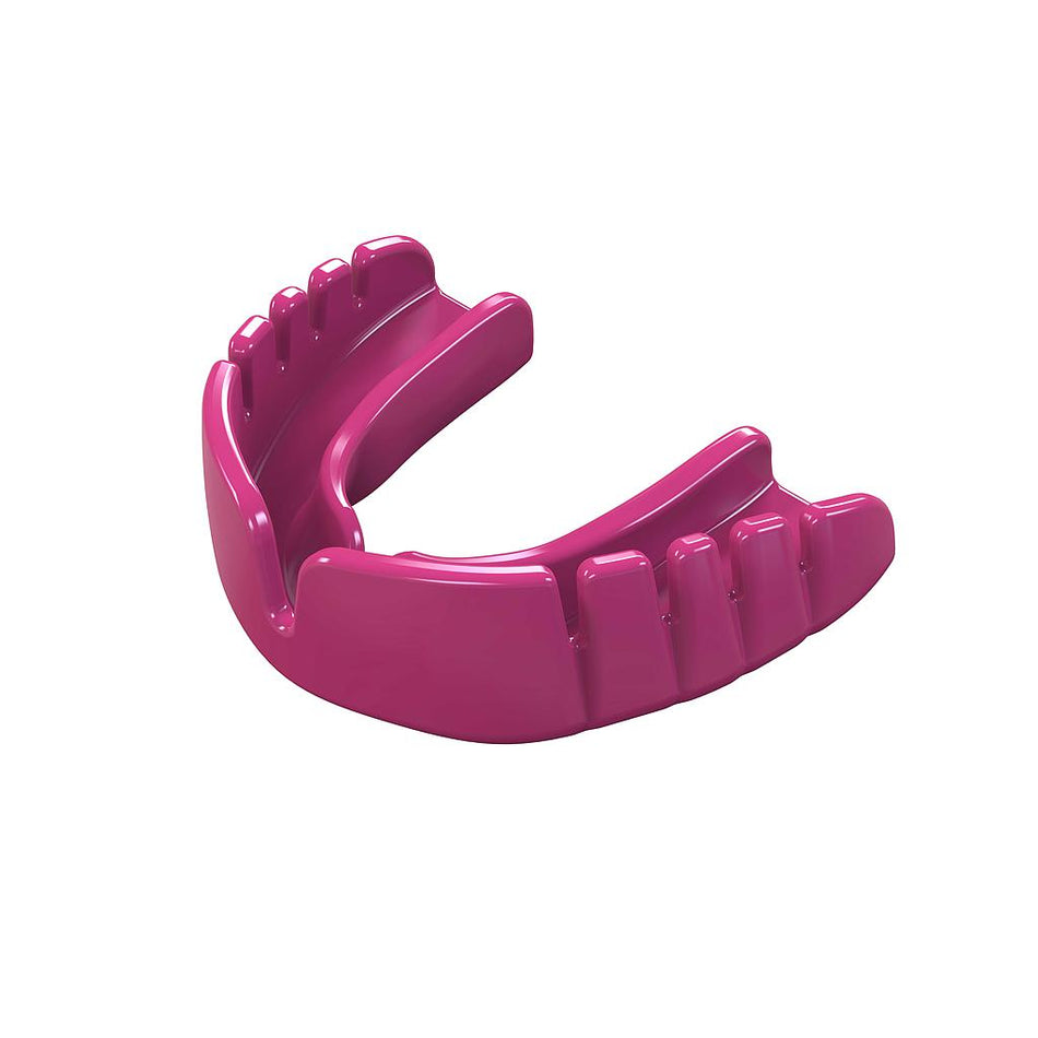 The SafeGard Safegard Snap Fit Mouthguard, an entry-level pink mouthguard with grooves, is designed to Snap-Fit over upper and lower teeth, shown isolated on a white background.
