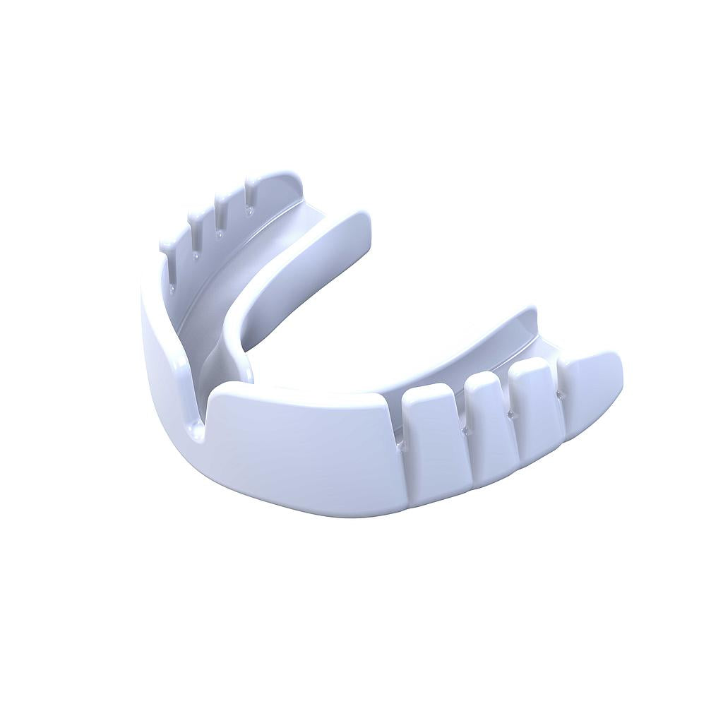 The SafeGard Safegard Snap Fit Mouthguard is a white plastic entry-level mouthguard with grooves for teeth, designed to fit over upper and lower teeth. Shown on a plain white background.