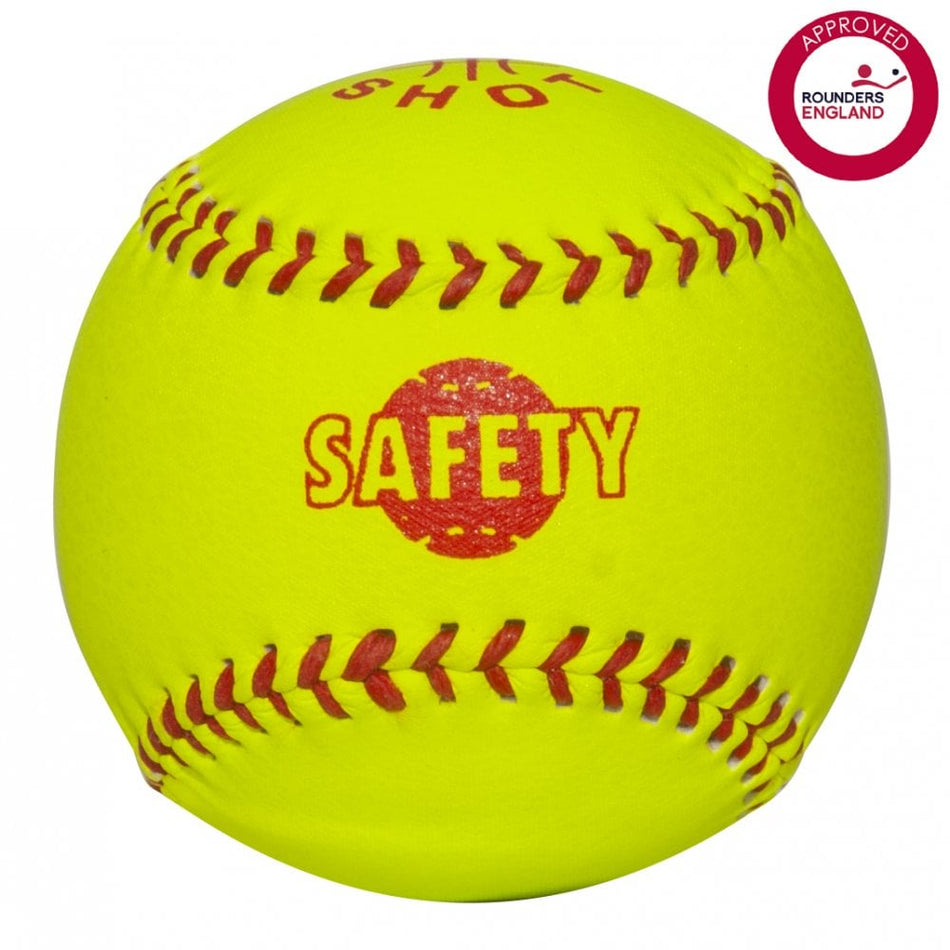 The Sure Shot Safety Rounders Ball is a bright yellow beginner's ball with red stitching, "SAFETY" in red, and a circular Approved Rounders England logo in the top right. Made by Sure Shot, it features a soft polycore for safer play.