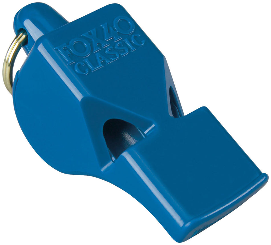 A blue Fox 40 Classic Safety Whistle and Strap, made of plastic and branded by Fox 40, with a pealess design and metal key ring, is shown on a white background.