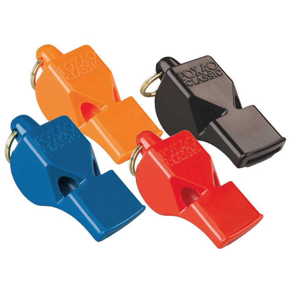 Four Fox 40 Classic Safety Whistles and Straps, in orange, black, blue, and red, are shown together. Each whistle features a metal keyring and “FOX 40 CLASSIC” embossing on the side.