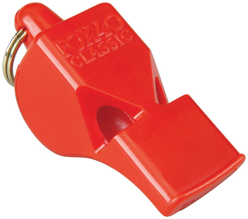The Fox 40 Classic Safety Whistle and Strap by Fox 40 is a bright red plastic pealess whistle with "FOX 40 CLASSIC" embossed on top and includes a small metal keyring at one end.