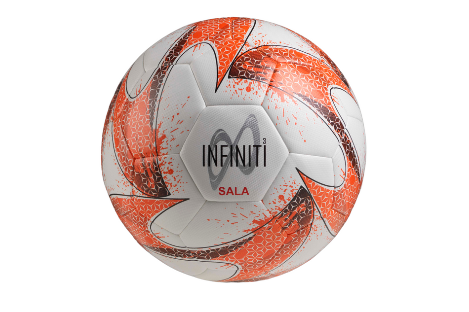 The Samba Sports Infiniti Hybrid Futsal Ball in White/Fluo Orange/Navy features bold graphics and the Infiniti³ SALA logo, shown on a plain white background.