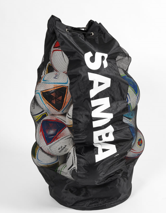 The Samba Mesh Ball Sack by Samba Sports holds up to 20 balls and displays colorful soccer balls with various designs through its black mesh sides. The labeled bag stands upright against a plain white background.