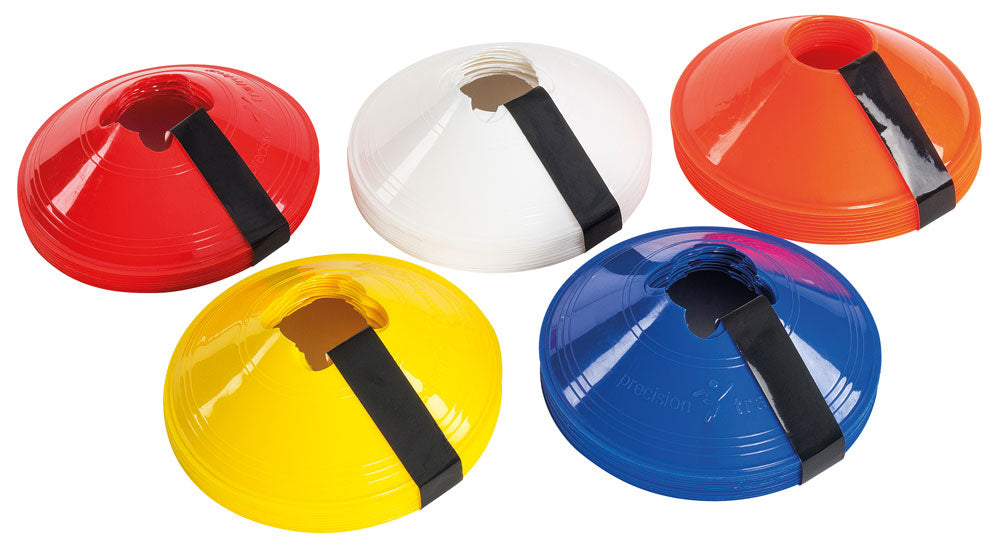 The Precision Training Sleeved Set of 10 Saucer Cones features colorful, stackable cones with a black strap for easy transport—perfect for drills and exercises.