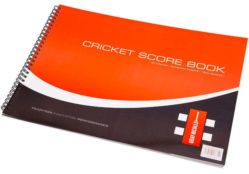The Gray Nicolls 80 Innings Scorebook is a spiral-bound scorebook featuring a red and black cover labeled "CRICKET SCORE BOOK" with the Gray Nicolls logo, ideal for recording every detail of your match.