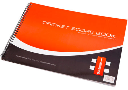 The Gray Nicolls 60 Innings Scorebook is a spiral-bound book ideal for recording match details, featuring a red, white, and black cover labeled "CRICKET SCORE BOOK" with the Gray Nicolls logo.
