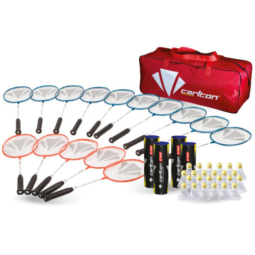 The Carlton Secondary Education Pack by Carlton includes 12 badminton rackets, 36 shuttlecocks (3 tubes), and a red sports bag, shown on a white background.