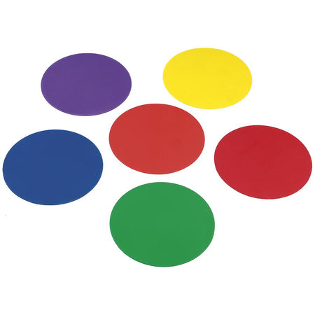 The Precision Training Precision Rubber Sequencing Discs (Pack of 6) in assorted colors are arranged on a white background—perfect sports markers for developing positioning skills.