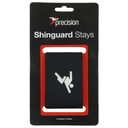 Precision Training Shin Guard Stays in black packaging feature a white logo of a person kicking a ball. The central black stay offers a secure shinguard fit. Text reads "Precision Shin Guard Stays." Contains 2 stays per pack.