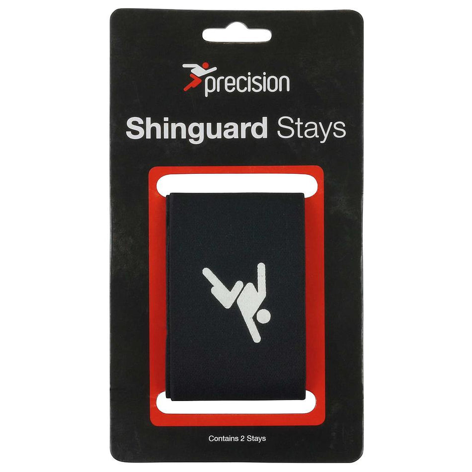 Precision Training Shin Guard Stays in black packaging feature a white logo of a person kicking a ball. The central black stay offers a secure shinguard fit. Text reads "Precision Shin Guard Stays." Contains 2 stays per pack.