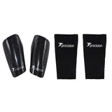 The Precision Training Pro Matrix Shinguards in black, shown with two matching compression sleeves featuring the white Precision logo, provide an anatomical fit and superior protection for every player.