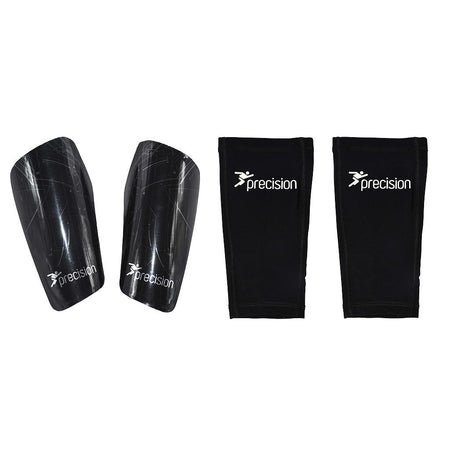 The Precision Training Pro Matrix Shinguards in black, shown with two matching compression sleeves featuring the white Precision logo, provide an anatomical fit and superior protection for every player.
