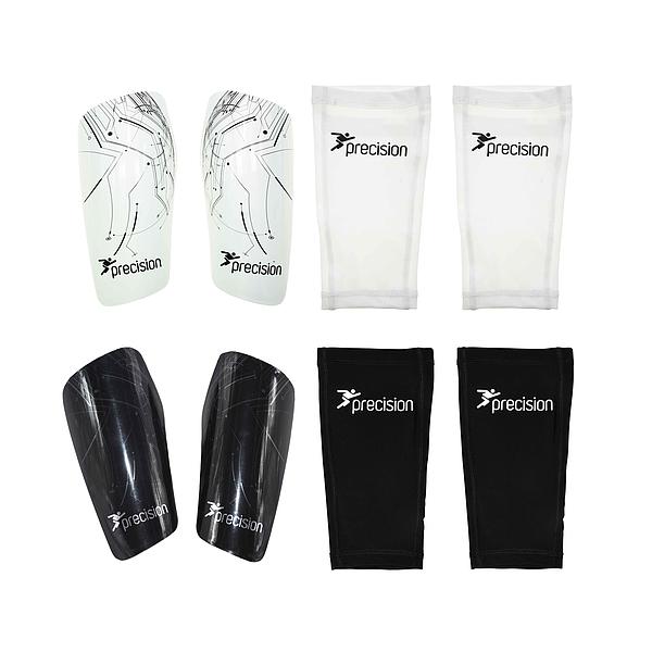 Four pairs of Precision Training Pro Matrix Shinguards in black and white, each with the Precision logo, are shown on a white background. Their anatomical fit provides top protection for every match.