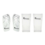 Precision Training Pro Matrix Shinguards in white, designed for anatomical fit and superior protection, are shown with two matching white mesh sleeves featuring the Precision logo on a plain white background.